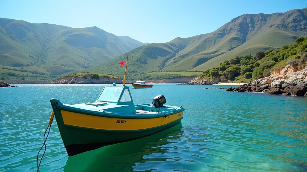 Barco colorido em baía das Açores com paisagem montanhosa verdejante