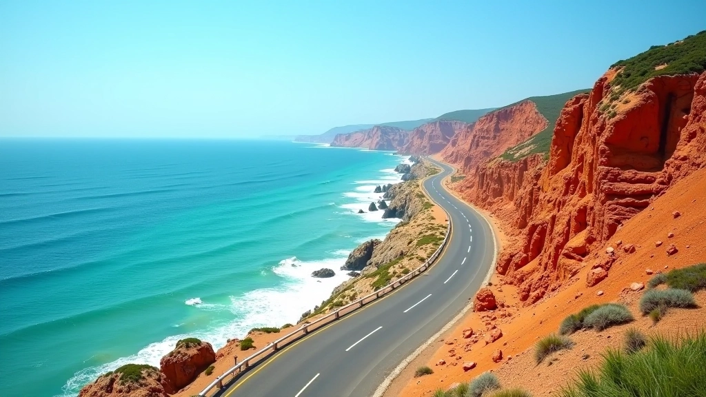 Estrada costeira do Algarve com falésias vermelhas e mar azul cristalino