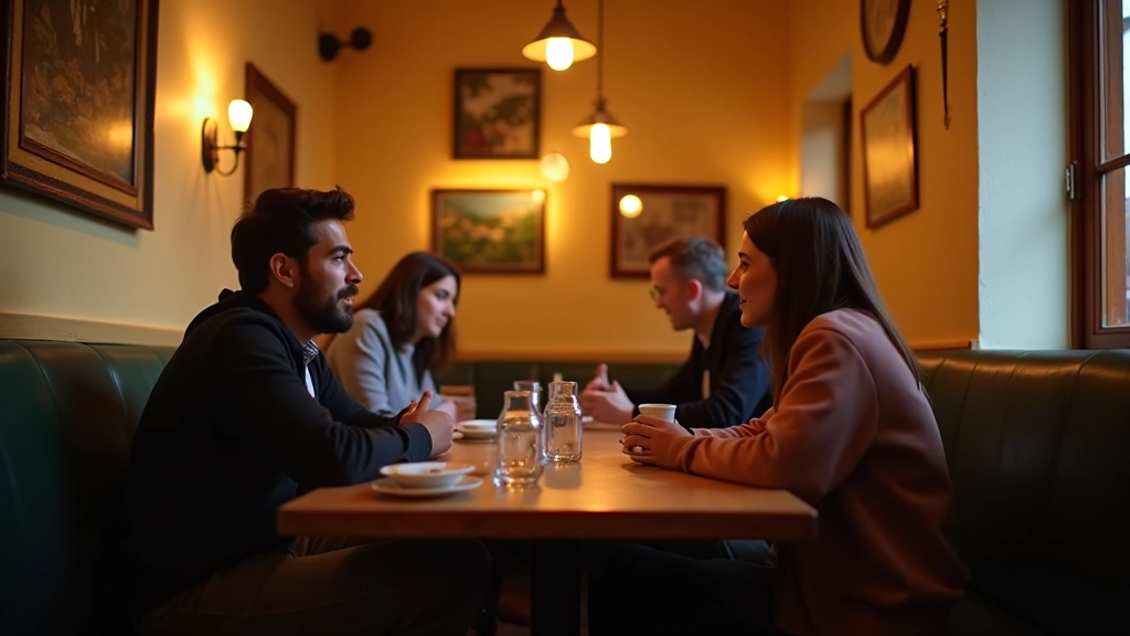 Grupo pequeno de viajantes conversando em café português tradicional, atmosfera acolhedora, luz ambiente quente
