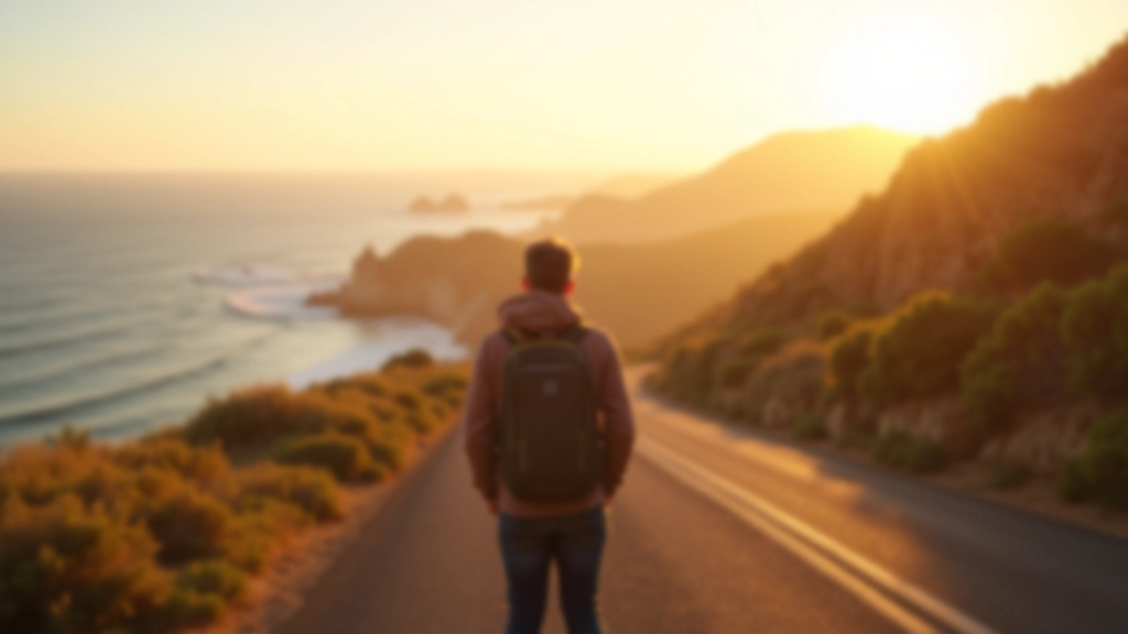 Viajante sozinho em estrada costeira do Algarve, falésias vermelhas ao fundo, luz do pôr do sol
