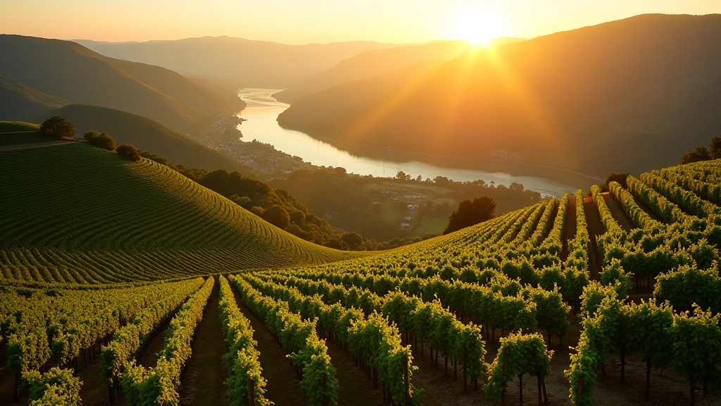 Vale do Douro com vinhedos em declive e rio ao fundo, luz dourada do entardecer