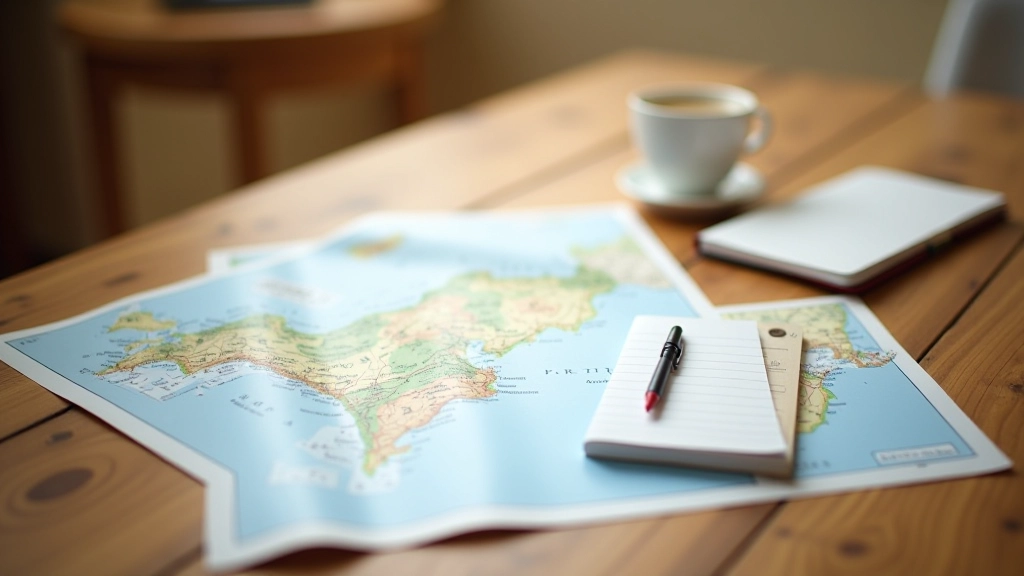Mapa físico de Portugal com anotações de rota e café ao lado, mesa de madeira, luz natural clara